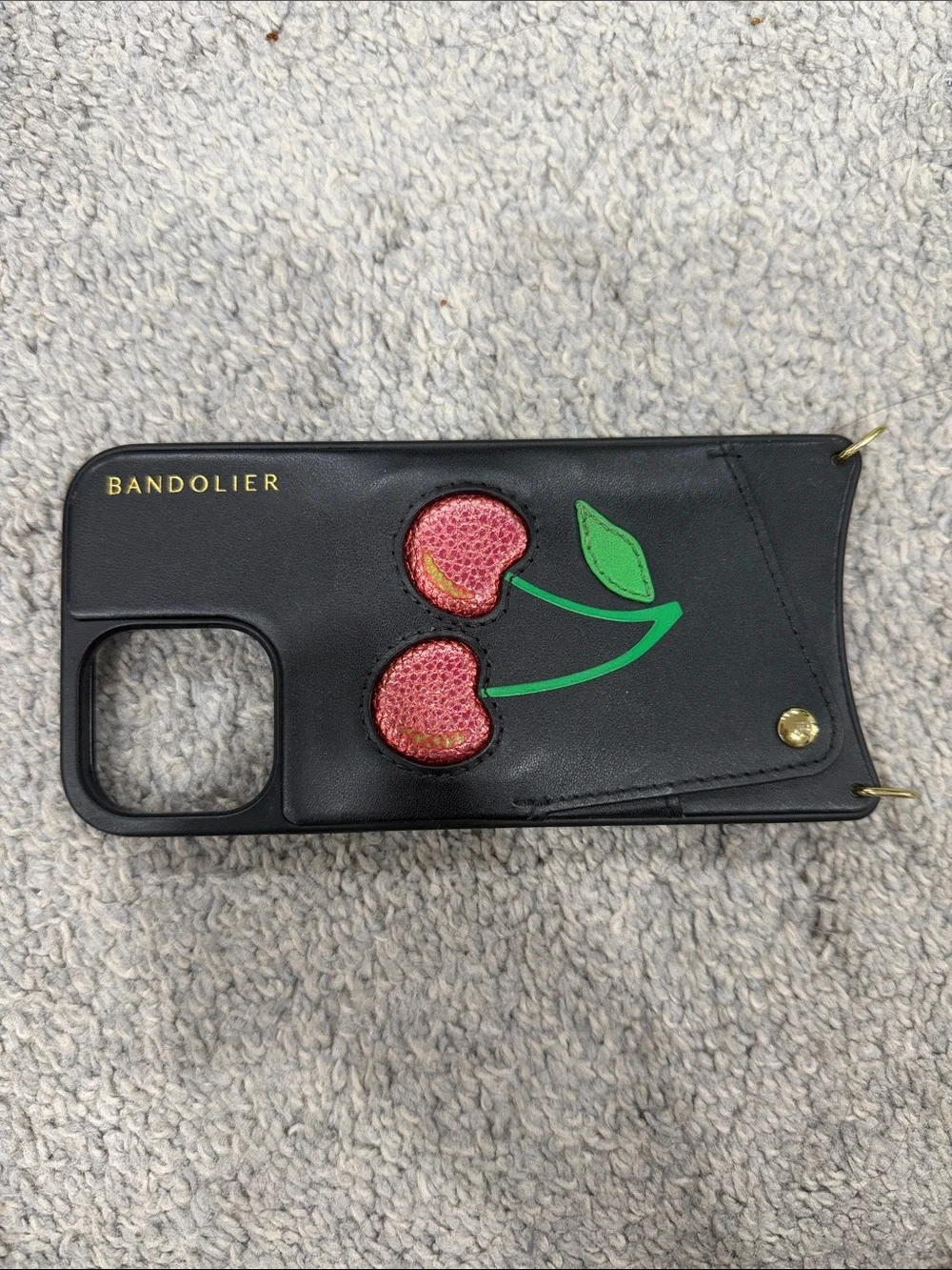 Bandolier Gia Black Phone Case Wallet with Cherry Appliqué Fits 13 Pro Max